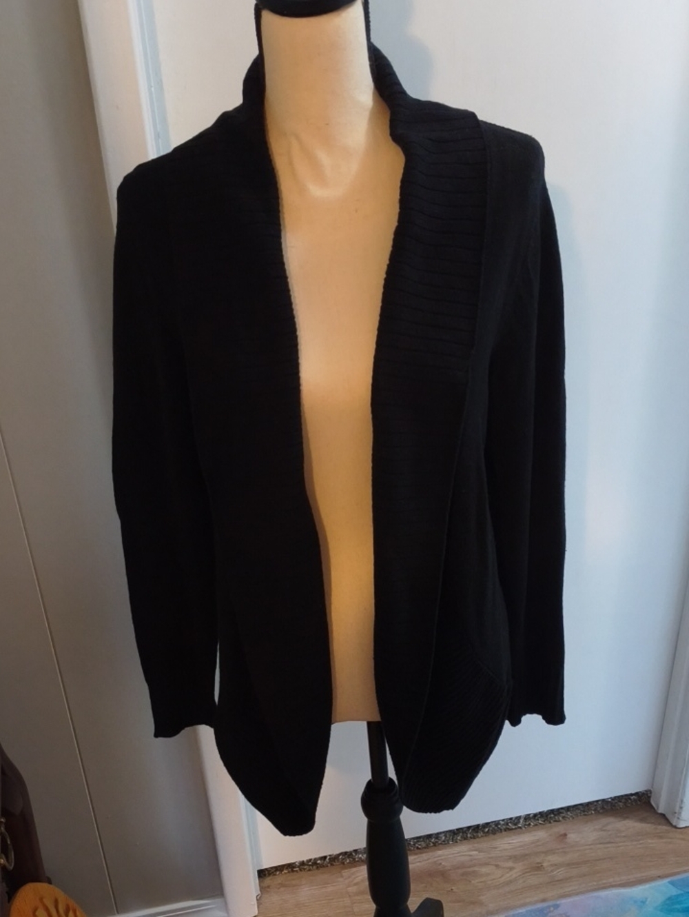 Elle Black Open-Front Ribbed Collar Cardigan